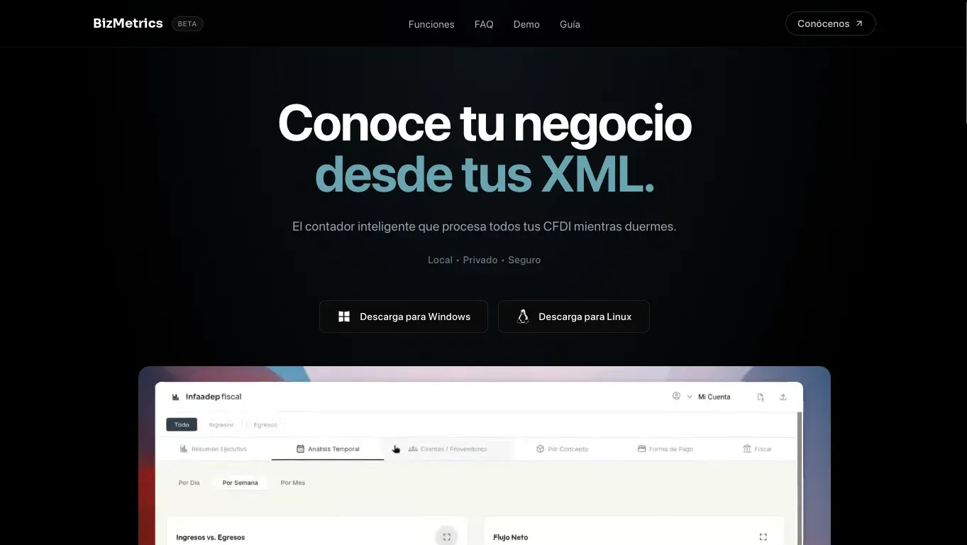 Página de presentación de BizMetrics, software de análisis fiscal